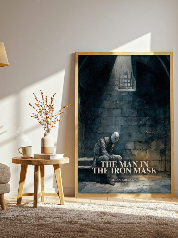 The Man In The Iron Mask watercolour print in frame leaning in hallway – historical fiction wall art