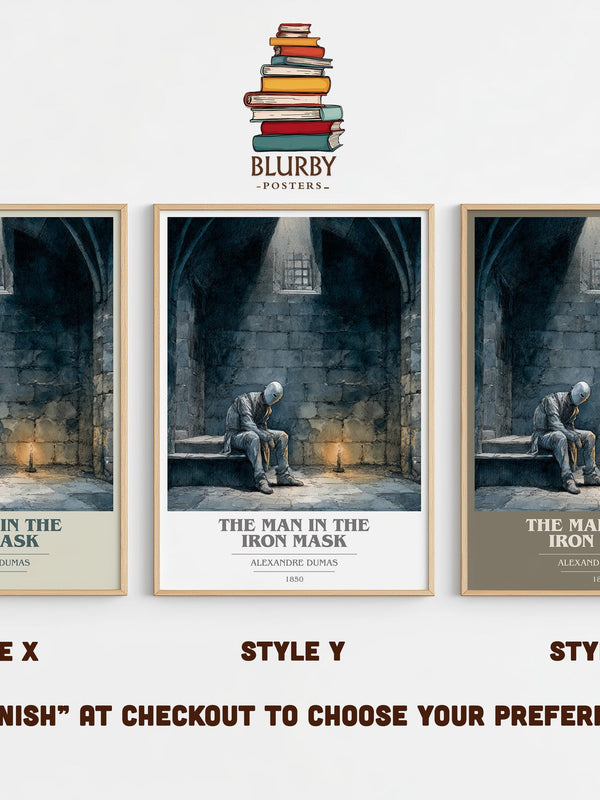 The Man in the Iron Mask book cover print in frame leaning in hallway – historical fiction wall art