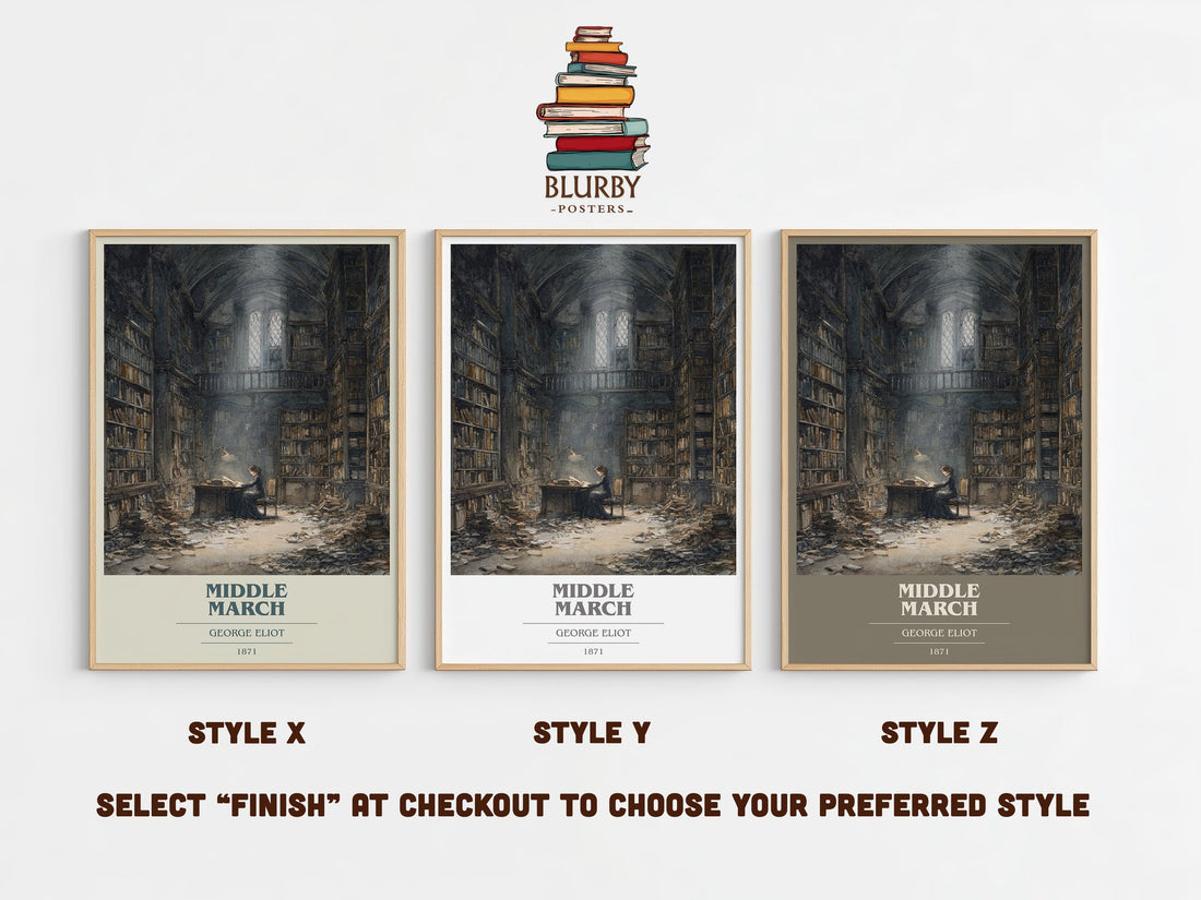 Middlemarch book cover print in frame leaning in hallway – classic literature wall art (mockup)