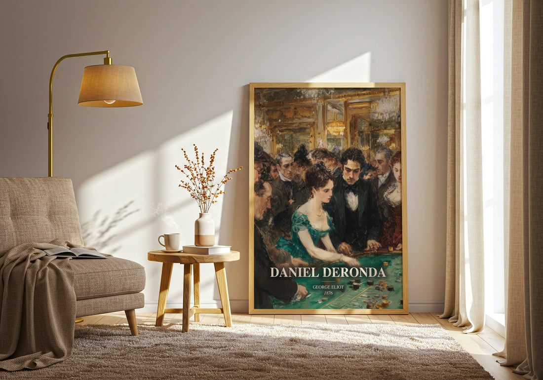 Daniel Deronda watercolour print in frame leaning in hallway – classic literature wall art (mockup)