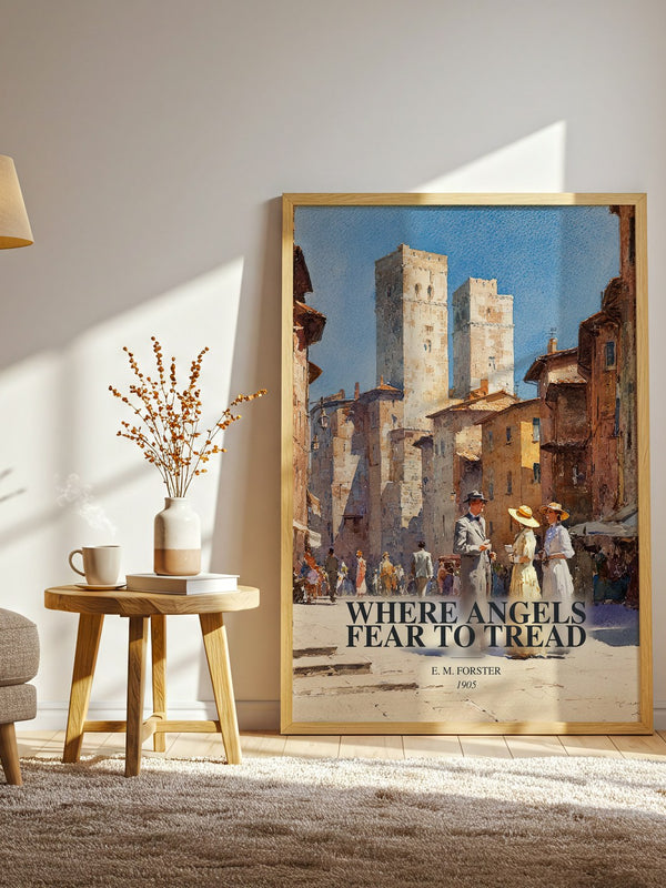 Where Angels Fear To Tread watercolour print in frame leaning in hallway – classic literature wall art