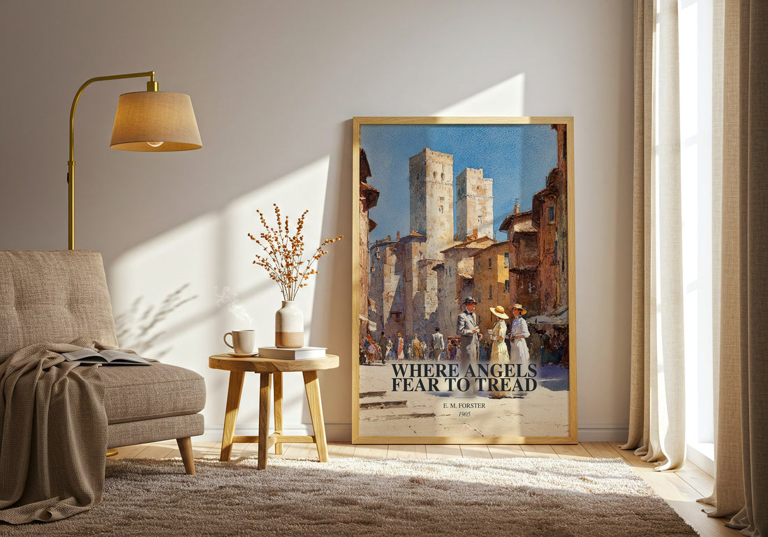 Where Angels Fear To Tread watercolour print in frame leaning in hallway – classic literature wall art (mockup)