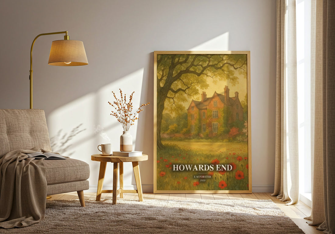 Howards End watercolour print in frame leaning in hallway – classic literature wall art (mockup)