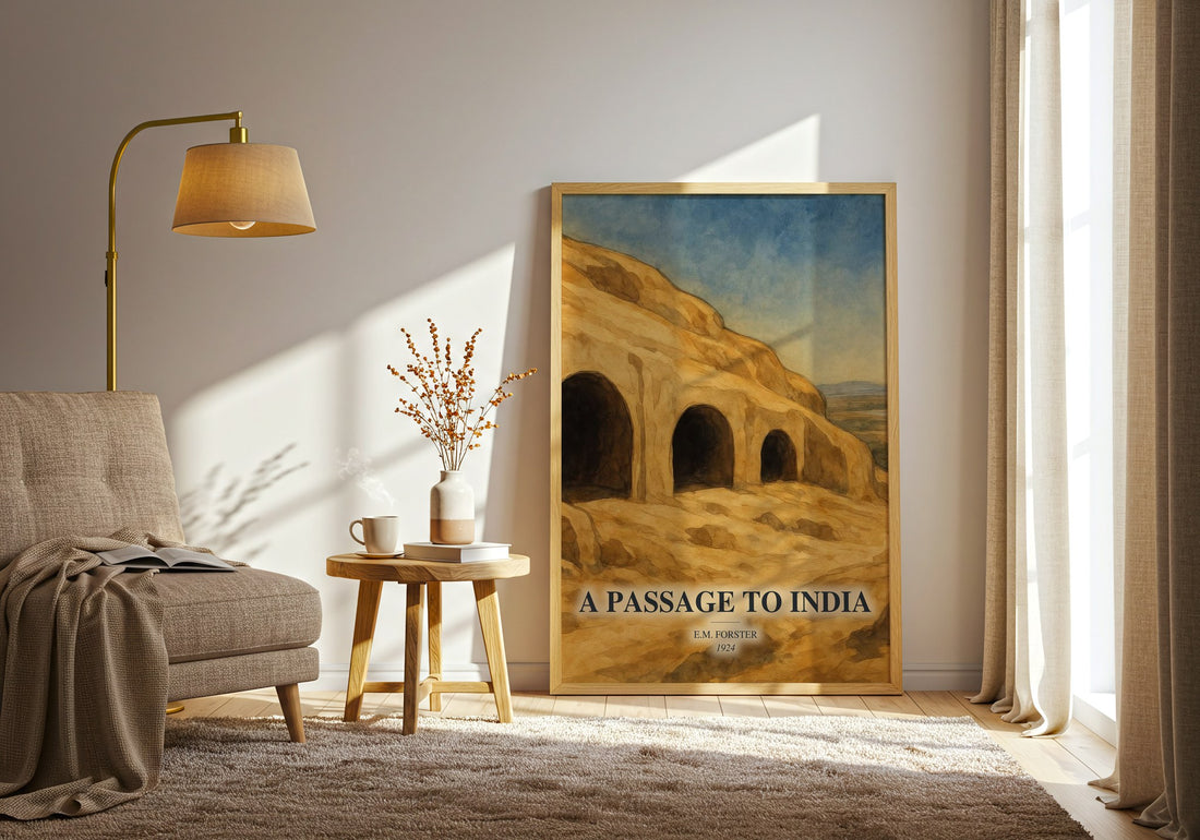 A Passage To India watercolour print in frame leaning in hallway – literary fiction wall art (mockup)