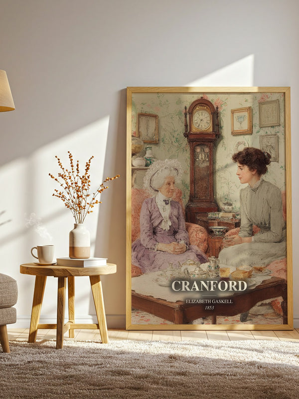 Cranford watercolour print in frame leaning in hallway – classic literature wall art