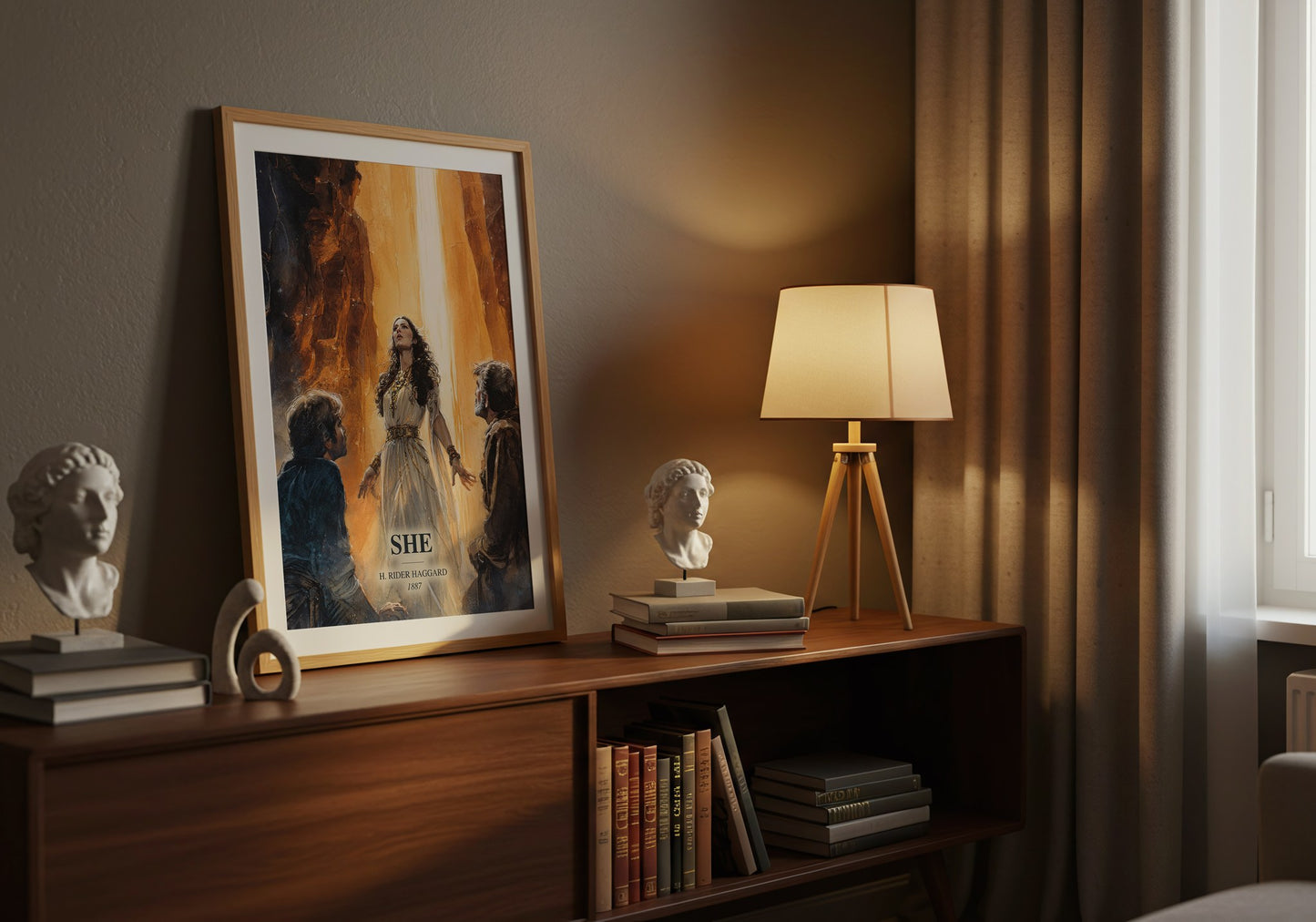 She watercolour print on bookshelf – H. Rider Haggard fan gift