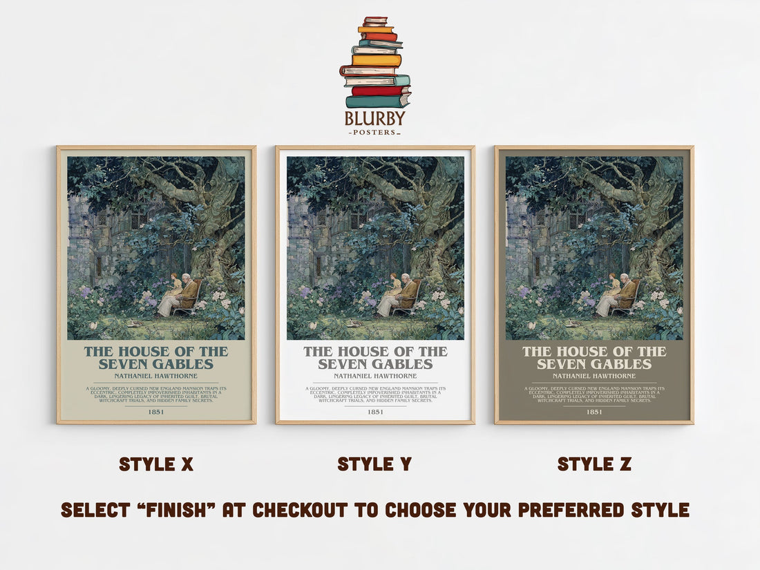 The House of the Seven Gables bookish print in frame leaning in hallway – classic literature wall art (mockup)