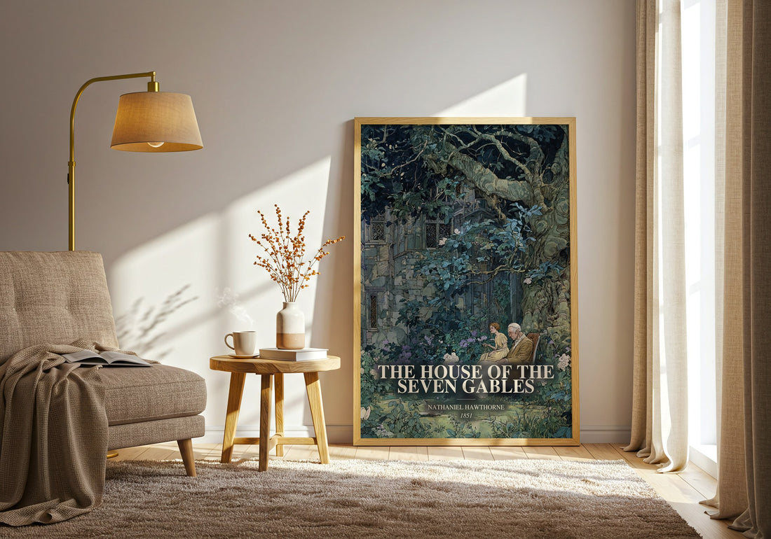 The House Of The Seven Gables watercolour print in frame leaning in hallway – gothic wall art (mockup)