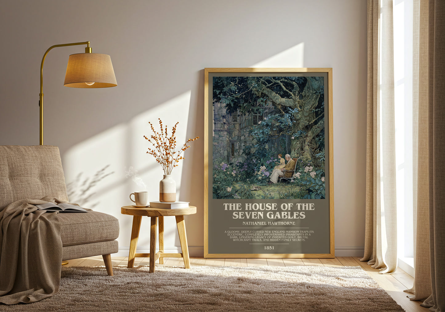 The House of the Seven Gables bookish print on bookshelf – Nathaniel Hawthorne fan gift