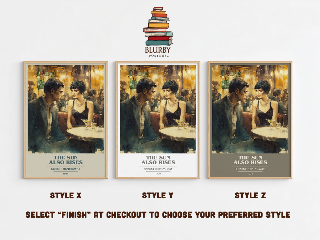 The Sun Also Rises book cover print in frame leaning in hallway – classic literature wall art (mockup)