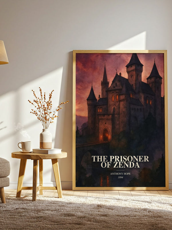 The Prisoner Of Zenda watercolour print in frame leaning in hallway – adventure wall art