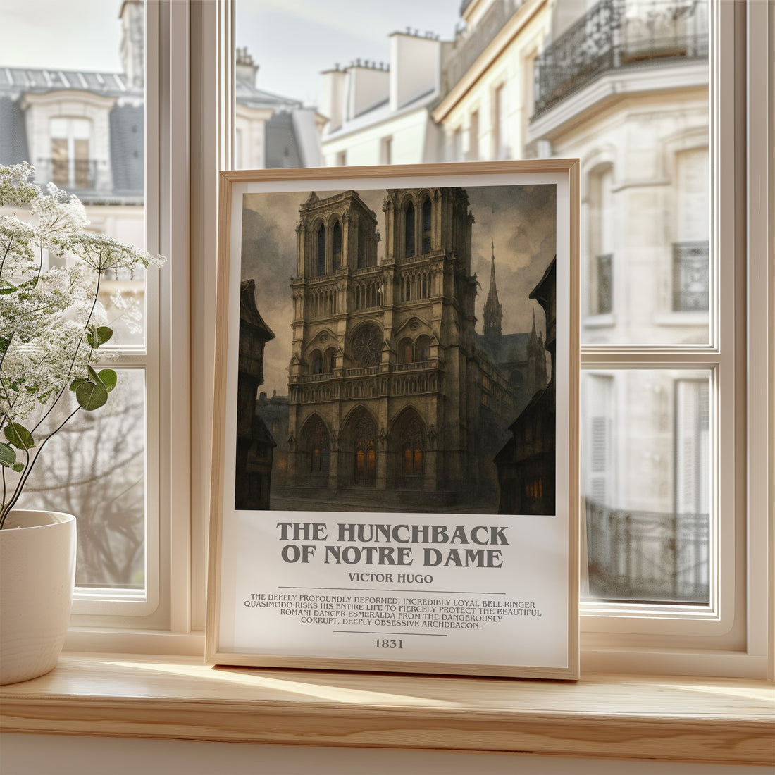 The Hunchback of Notre Dame Bookish Wall Art by Victor Hugo – framed print by a bright window