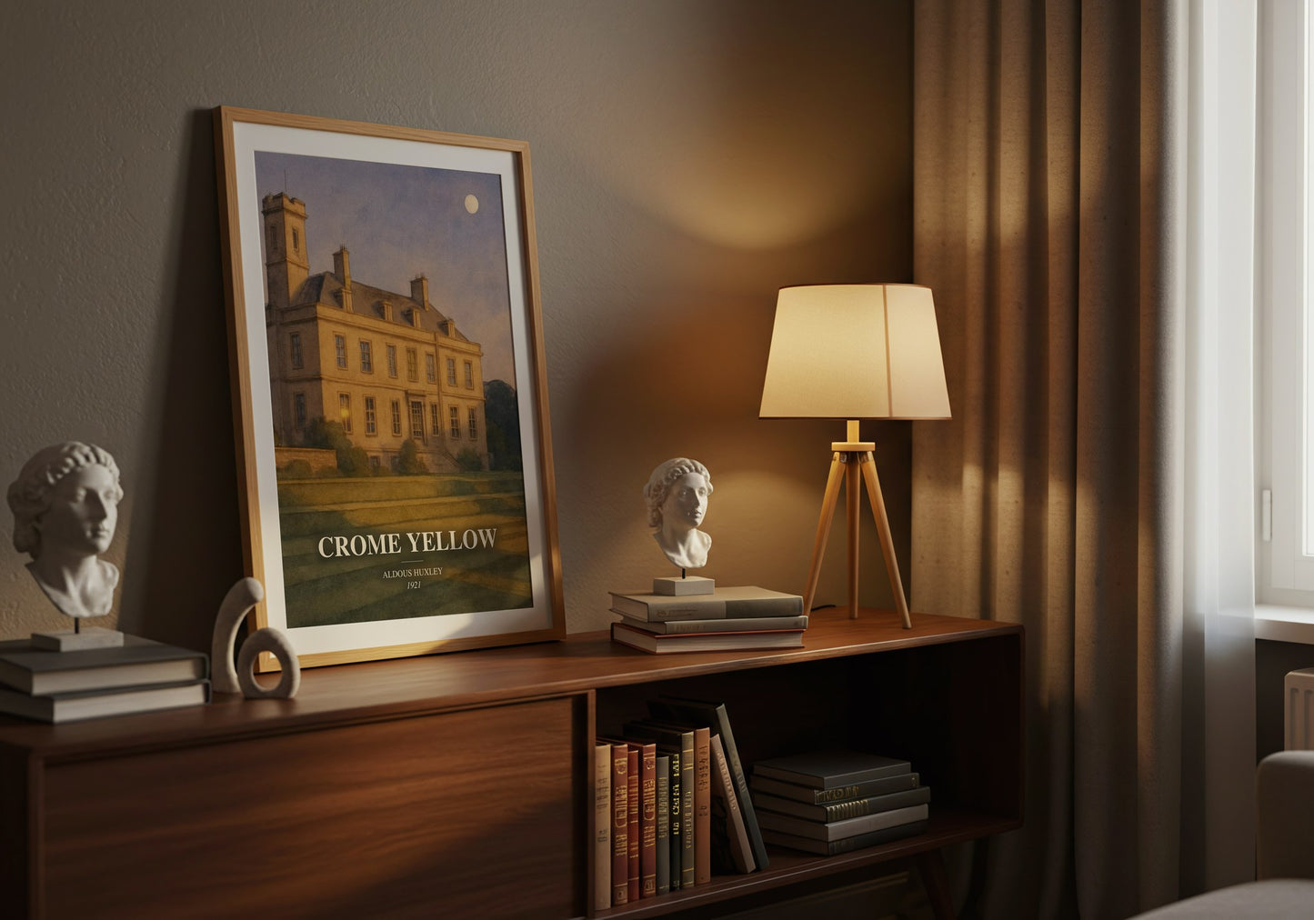 Crome Yellow watercolour print on bookshelf – Aldous Huxley fan gift