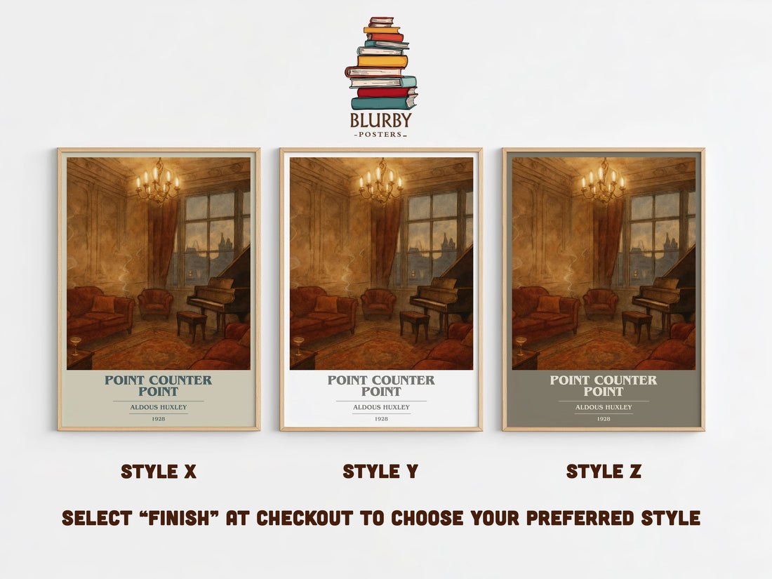 Point Counter Point book cover print in frame leaning in hallway – adventure wall art (mockup)