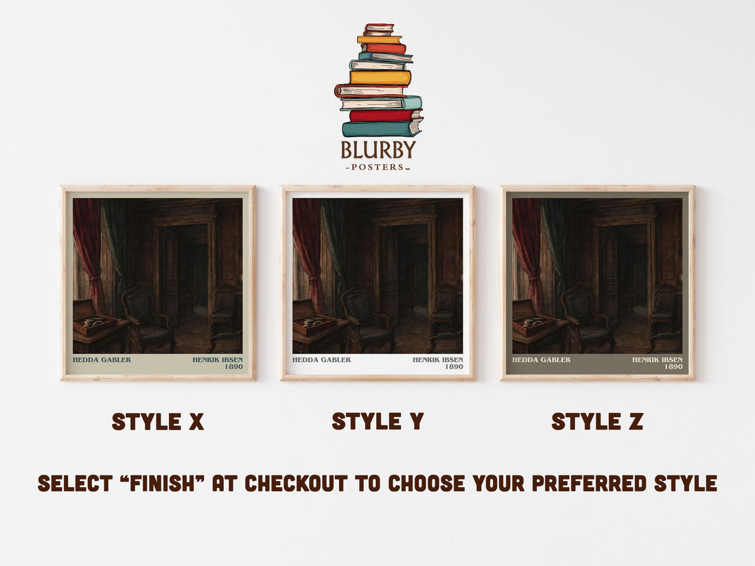 Hedda Gabler literary print in frame leaning in hallway – satire wall art (mockup)