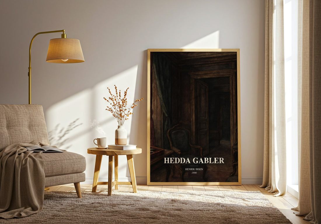 Hedda Gabler watercolour print in frame leaning in hallway – classic literature wall art (mockup)