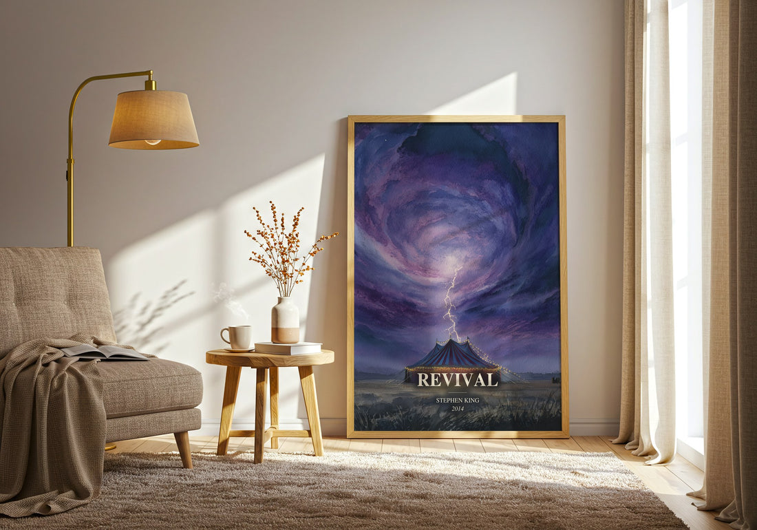 Revival watercolour print in frame leaning in hallway – horror wall art (mockup)