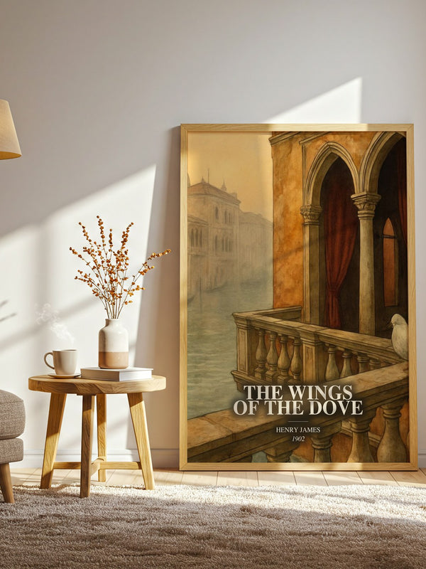 The Wings Of The Dove watercolour print in frame leaning in hallway – classic literature wall art