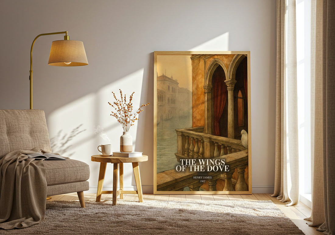 The Wings Of The Dove watercolour print in frame leaning in hallway – classic literature wall art (mockup)