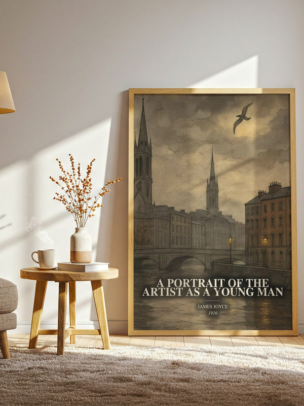 A Portrait Of The Artist As A Young Man watercolour print in frame leaning in hallway – coming of age wall art