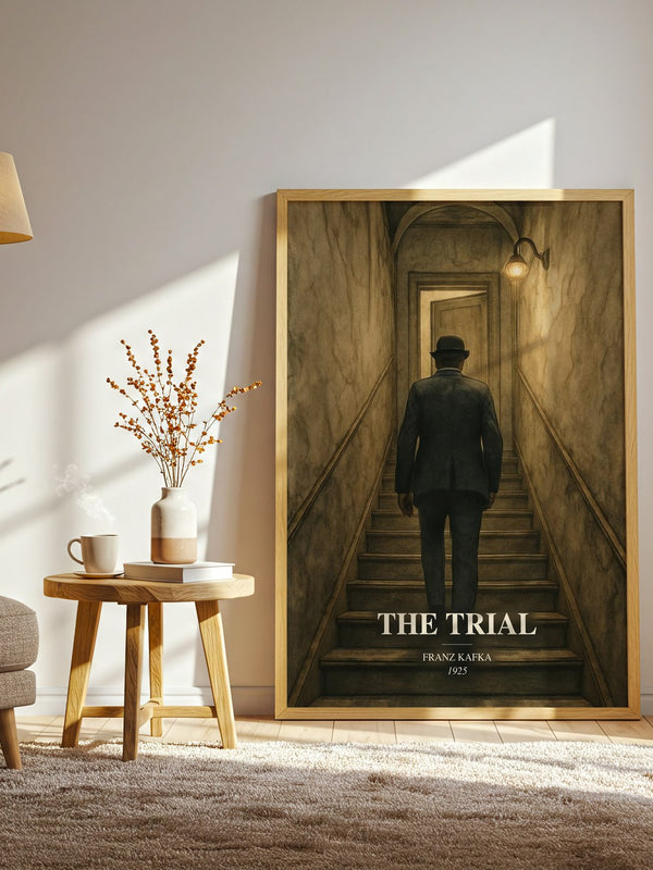 The Trial watercolour print in frame leaning in hallway – literary fiction wall art
