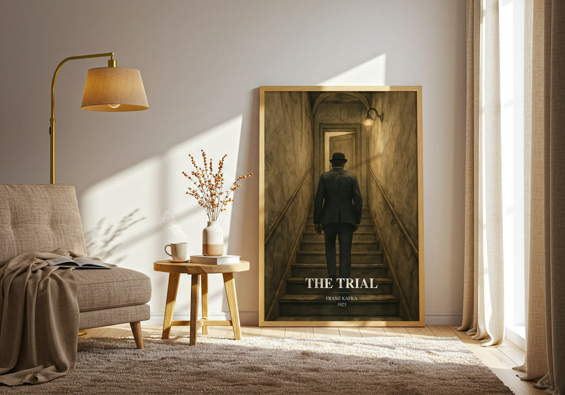 The Trial watercolour print in frame leaning in hallway – literary fiction wall art (mockup)