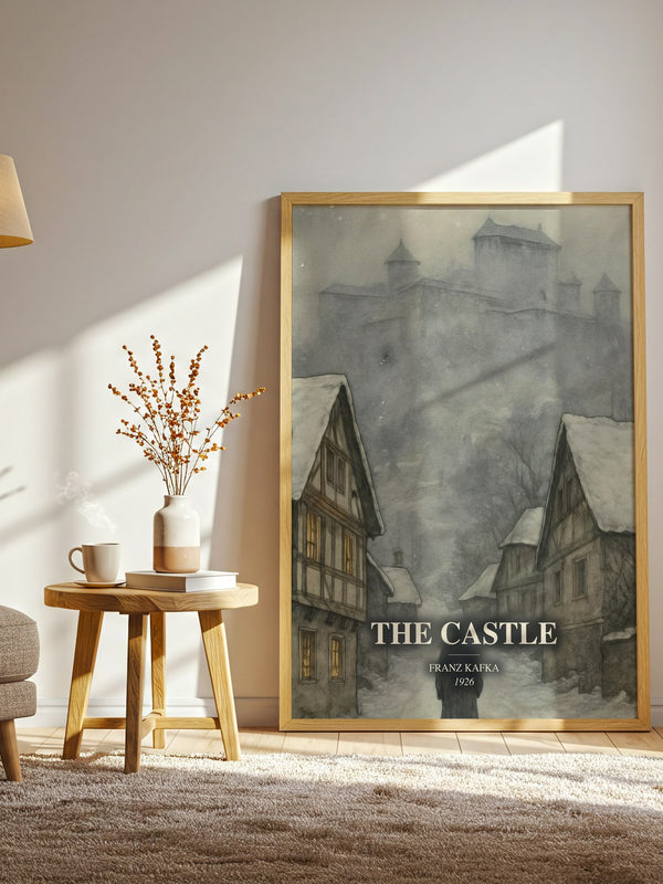 The Castle watercolour print in frame leaning in hallway – literary fiction wall art