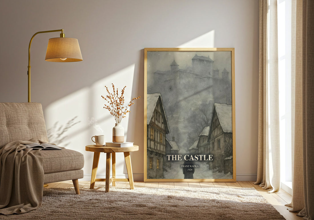 The Castle watercolour print in frame leaning in hallway – literary fiction wall art (mockup)