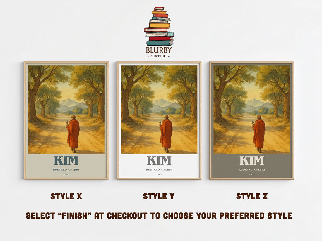 Kim book cover print in frame leaning in hallway – adventure wall art (mockup)