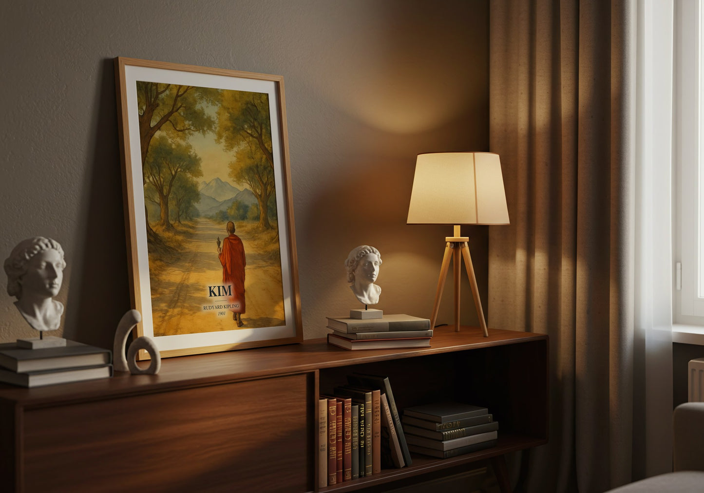 Kim watercolour print on bookshelf – Rudyard Kipling fan gift