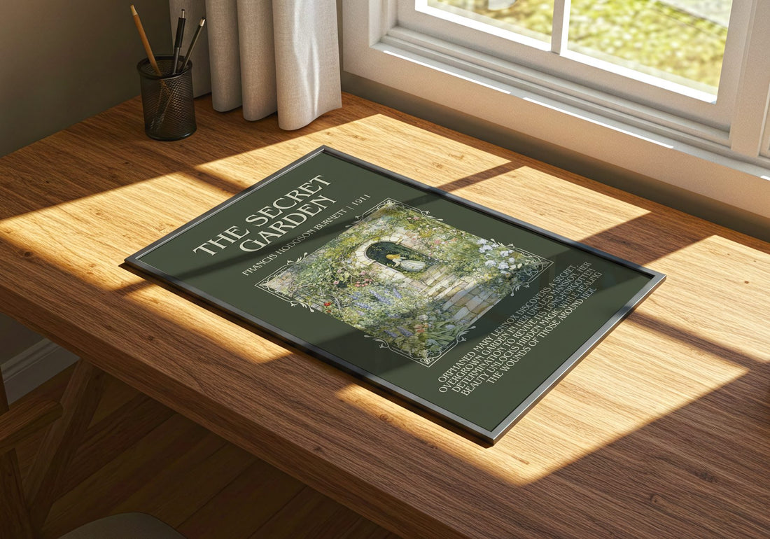 The Secret Garden Minimalist Book Poster by Frances Hodgson Burnett – print on a sunlit desk
