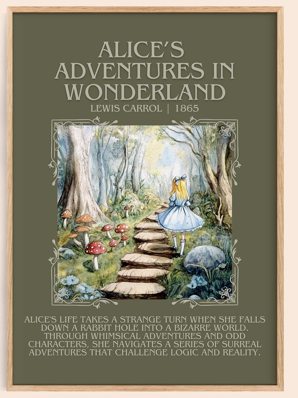 Alice's Adventures in Wonderland minimalist book poster by Lewis Carroll – framed literary art print