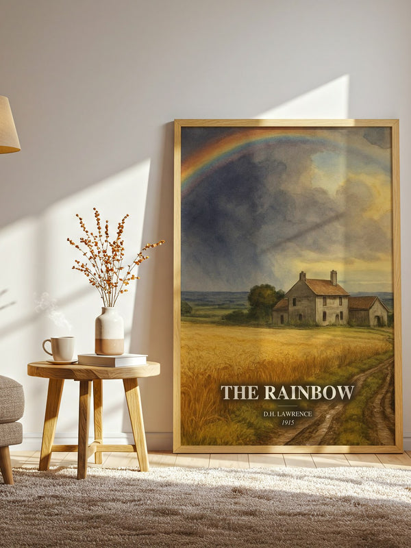 The Rainbow watercolour print in frame leaning in hallway – literary fiction wall art