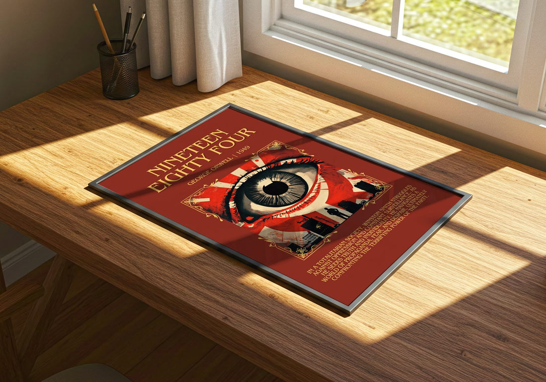 1984 Minimalist Book Poster by George Orwell – print on a sunlit desk