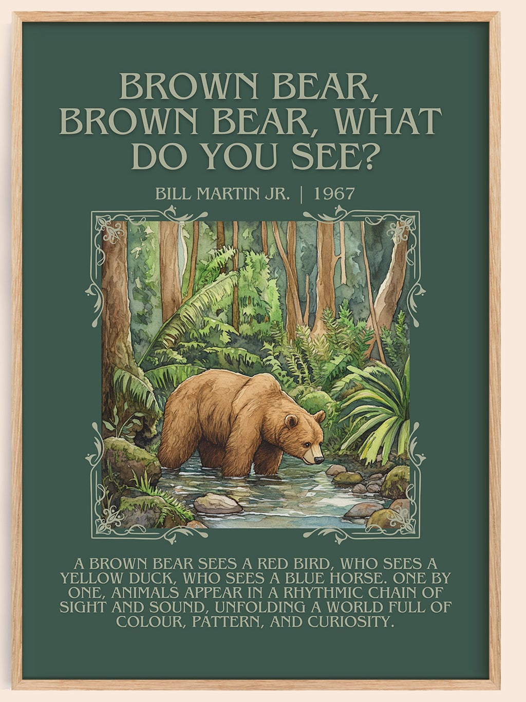 Brown Bear, Brown Bear, What Do You See? minimalist book poster by Bill Martin, Jr. – framed literary art print