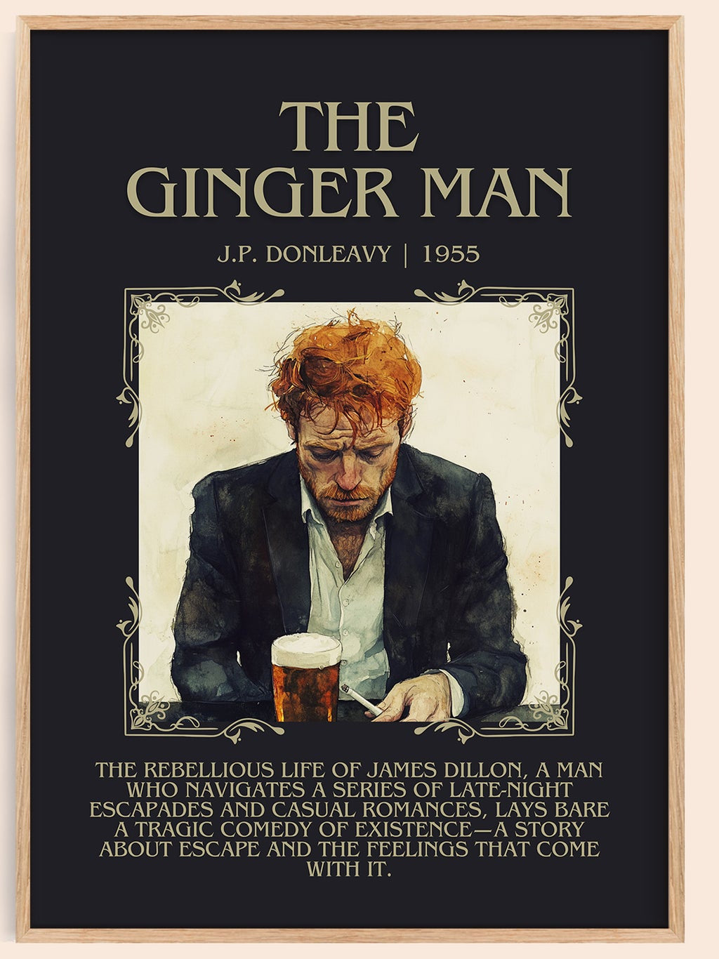 The Ginger Man minimalist book poster by J.P. Donleavy – framed literary art print