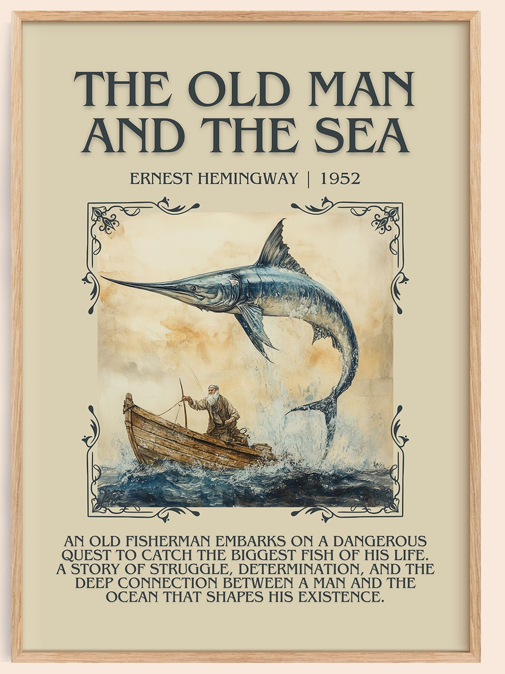 The Old Man and the Sea minimalist book poster by Ernest Hemingway – framed literary art print