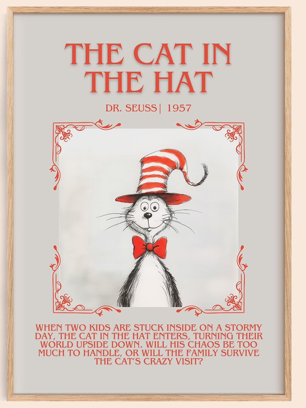 The Cat in the Hat minimalist book poster by Dr. Seuss – framed literary art print