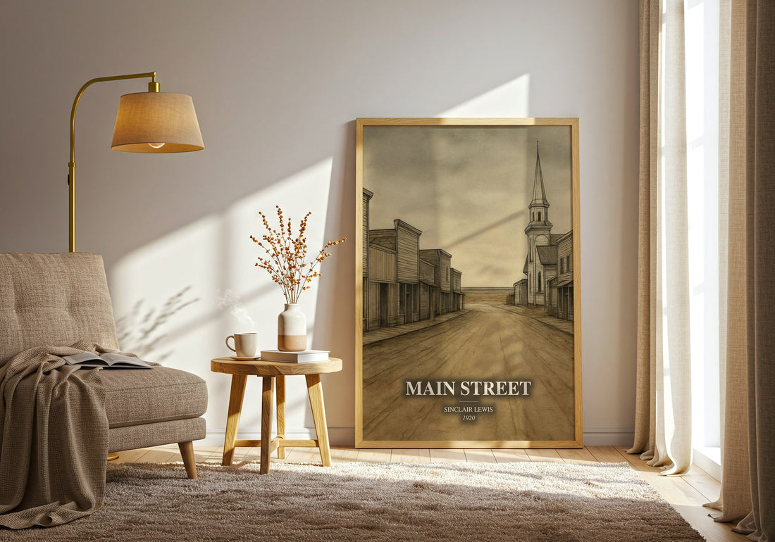 Main Street watercolour print in frame leaning in hallway – satire wall art (mockup)