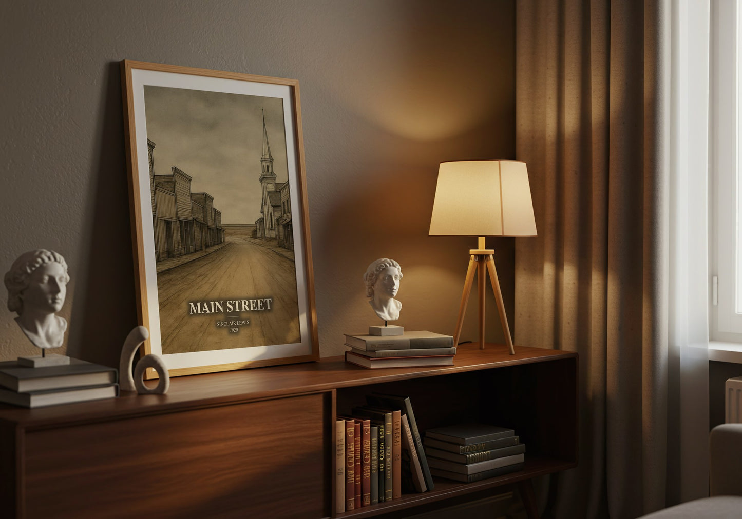 Main Street watercolour print on bookshelf – Sinclair Lewis fan gift