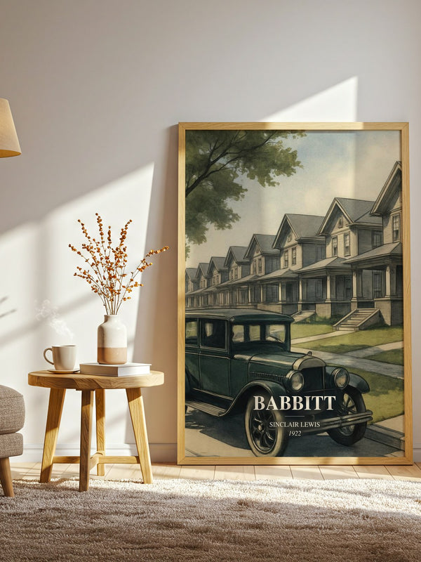 Babbitt watercolour print in frame leaning in hallway – satire wall art