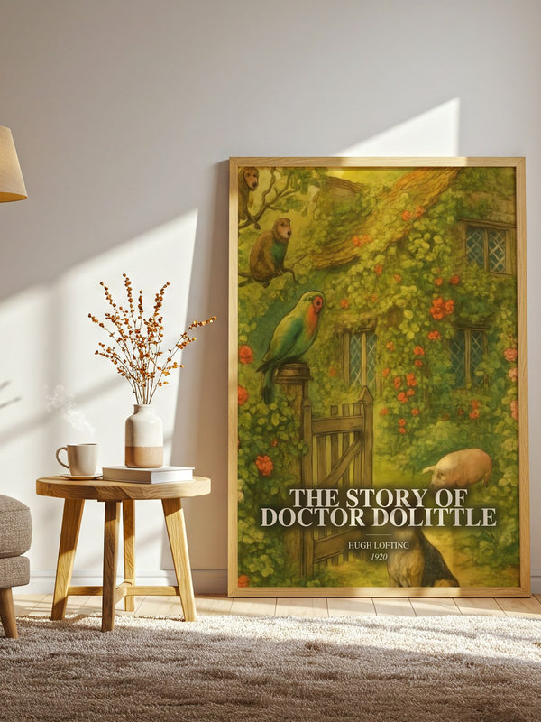 The Story Of Doctor Dolittle watercolour print in frame leaning in hallway – childrens wall art