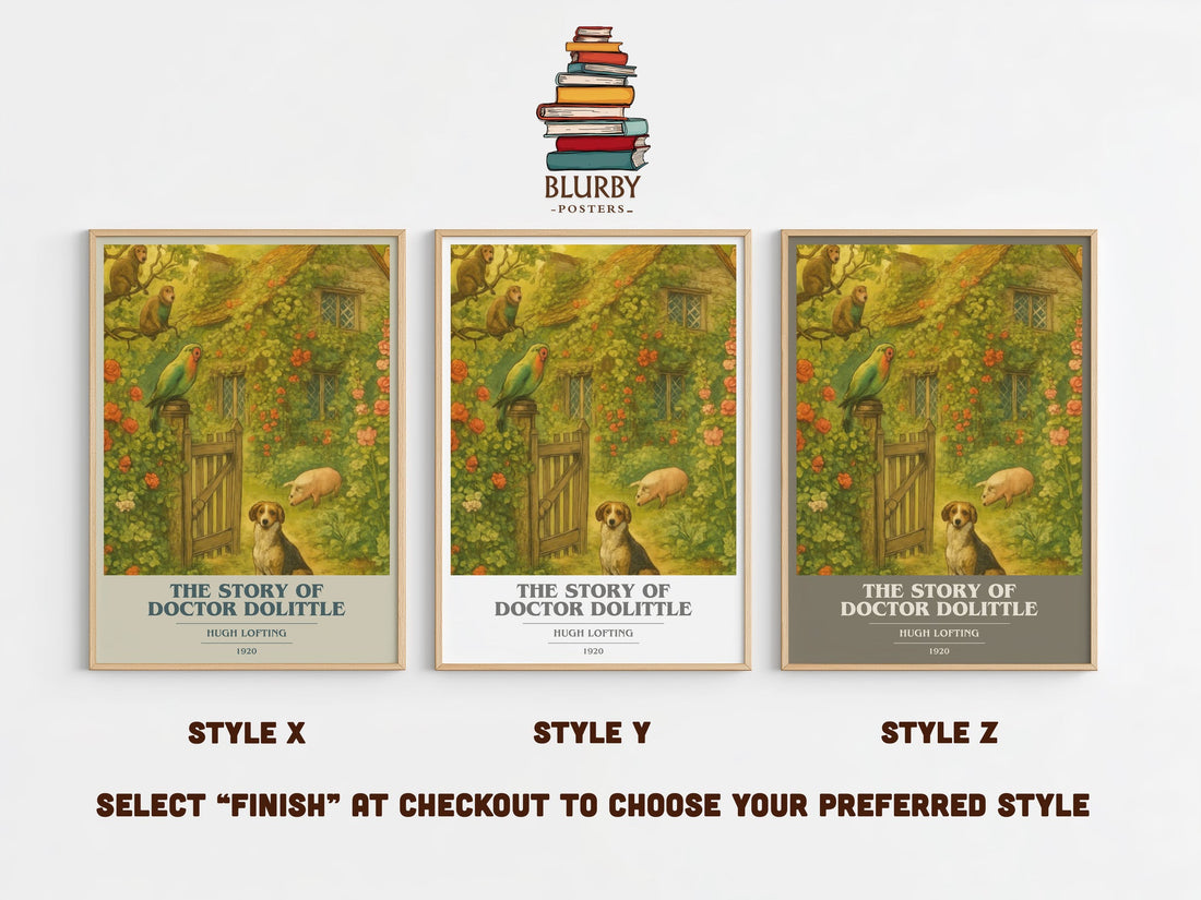The Story Of Doctor Dolittle book cover print in frame leaning in hallway – childrens wall art (mockup)