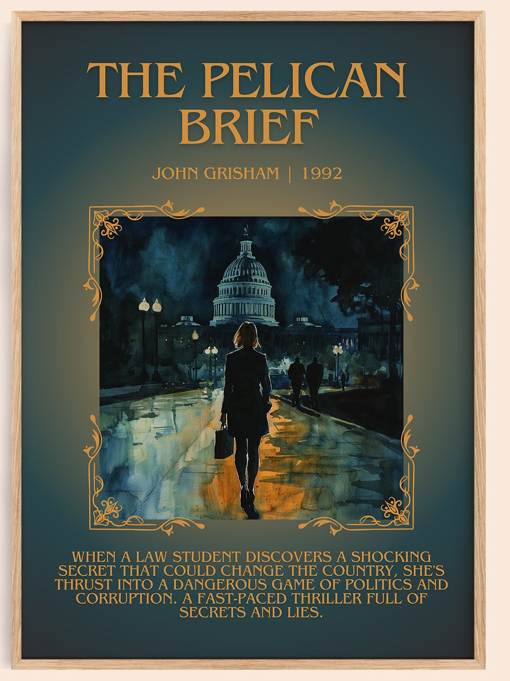 The Pelican Brief minimalist book poster by John Grisham – framed literary art print