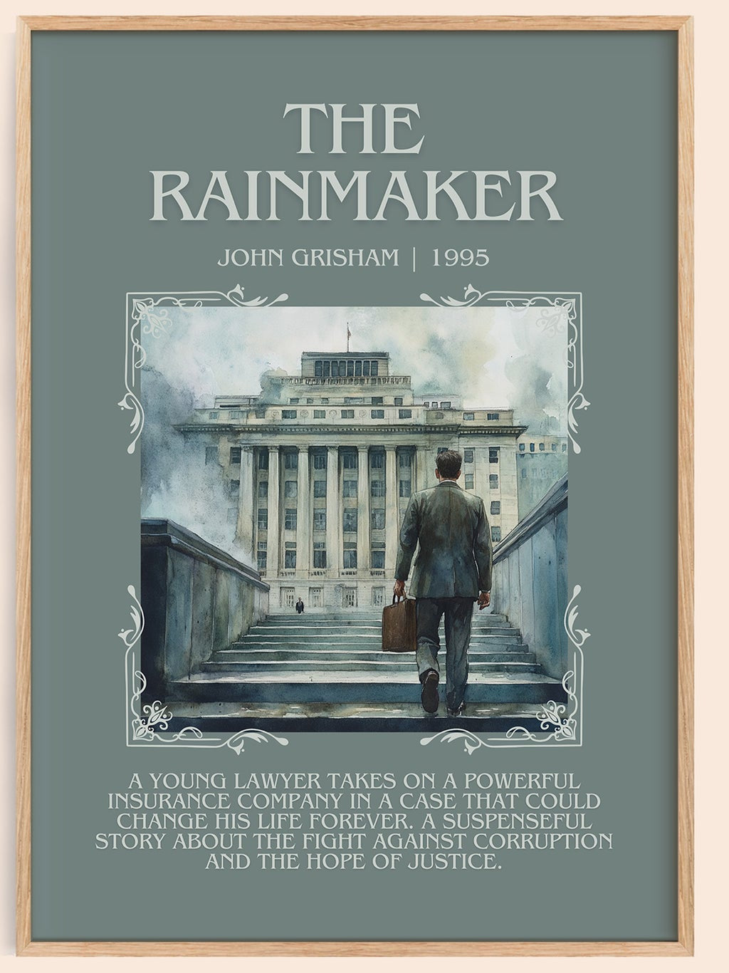 The Rainmaker minimalist book poster by John Grisham – framed literary art print