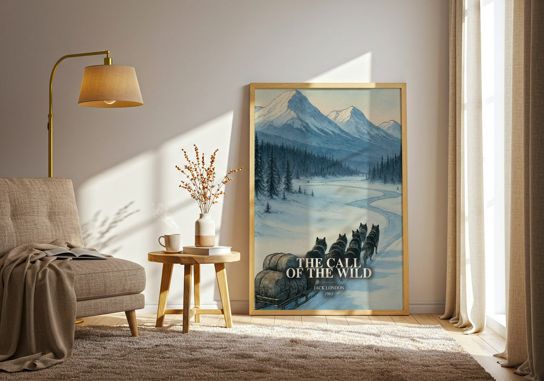 The Call Of The Wild watercolour print in frame leaning in hallway – adventure wall art (mockup)