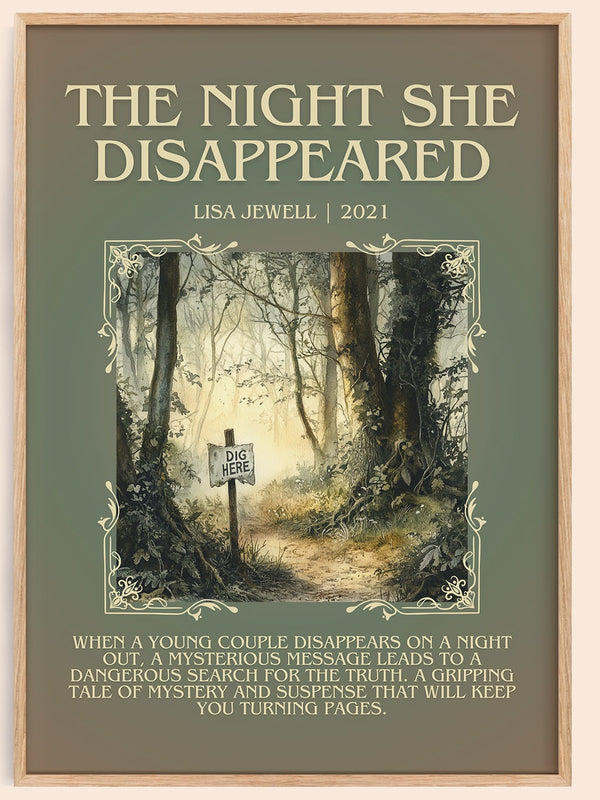 The Night She Disappeared minimalist book poster by Lisa Jewell – framed literary art print
