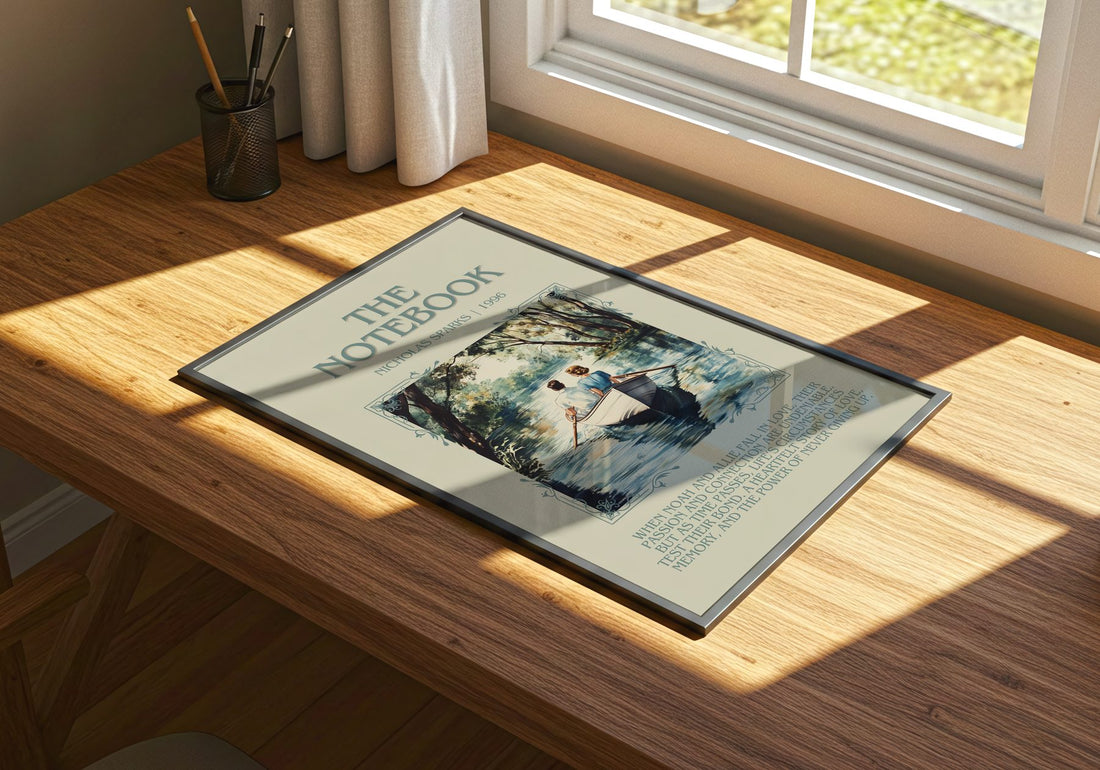 The Notebook Minimalist Book Poster by Nicholas Sparks – print on a sunlit desk