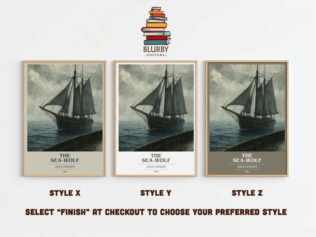 The Sea-Wolf book cover print in frame leaning in hallway – adventure wall art (mockup)