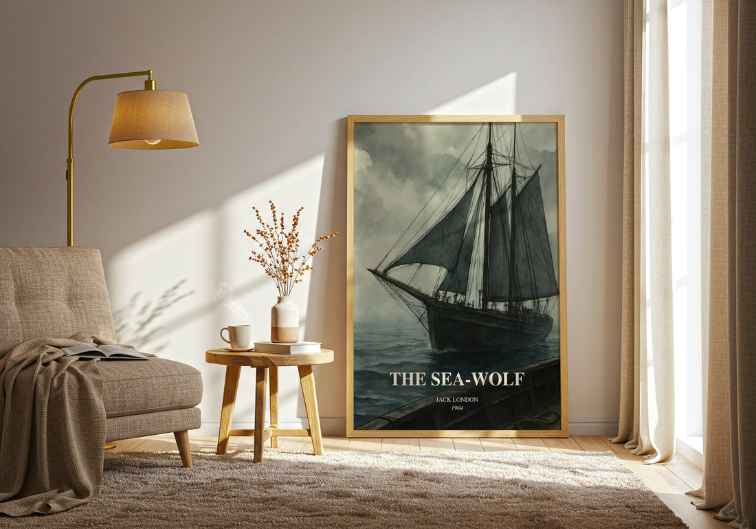 The Sea-Wolf watercolour print in frame leaning in hallway – adventure wall art (mockup)